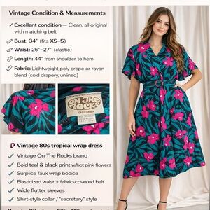 Vintage 80s On The Rocks California Tropical Floral Wrap Dress Teal Pink Belted
